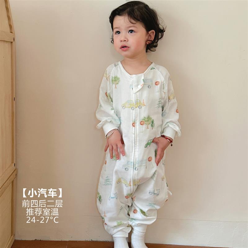 儿童竹棉双层纱布睡袋春夏季薄款宝宝防踢被婴幼儿连身空调房睡衣