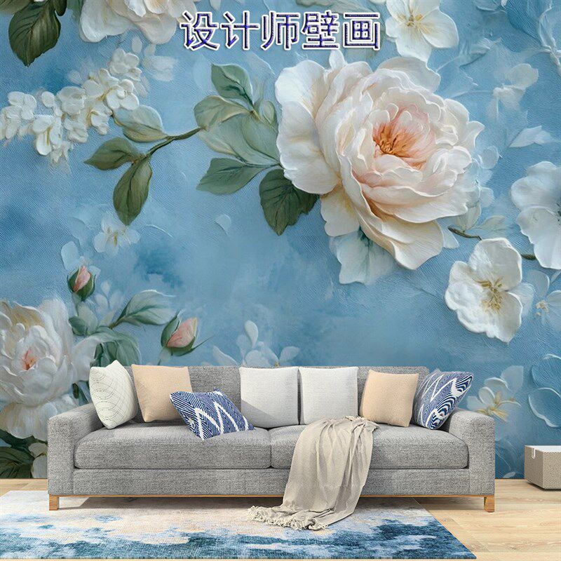 简约现代唯美牡丹花朵壁纸浮雕立体墙布客厅卧室背景墙纸无缝壁画
