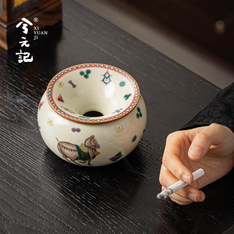 唐马汝窑陶瓷烟灰缸防灰飞轻奢高档家用客厅茶渣缸办公室茶具配件