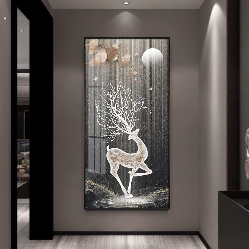 轻奢玄关装饰画现代简约入户门客厅走廊过道挂画抽象孔雀竖版壁画