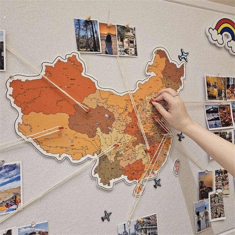 地图旅行照片墙贴中国足迹打卡标记墙面装饰毛毡板网红市级办公室