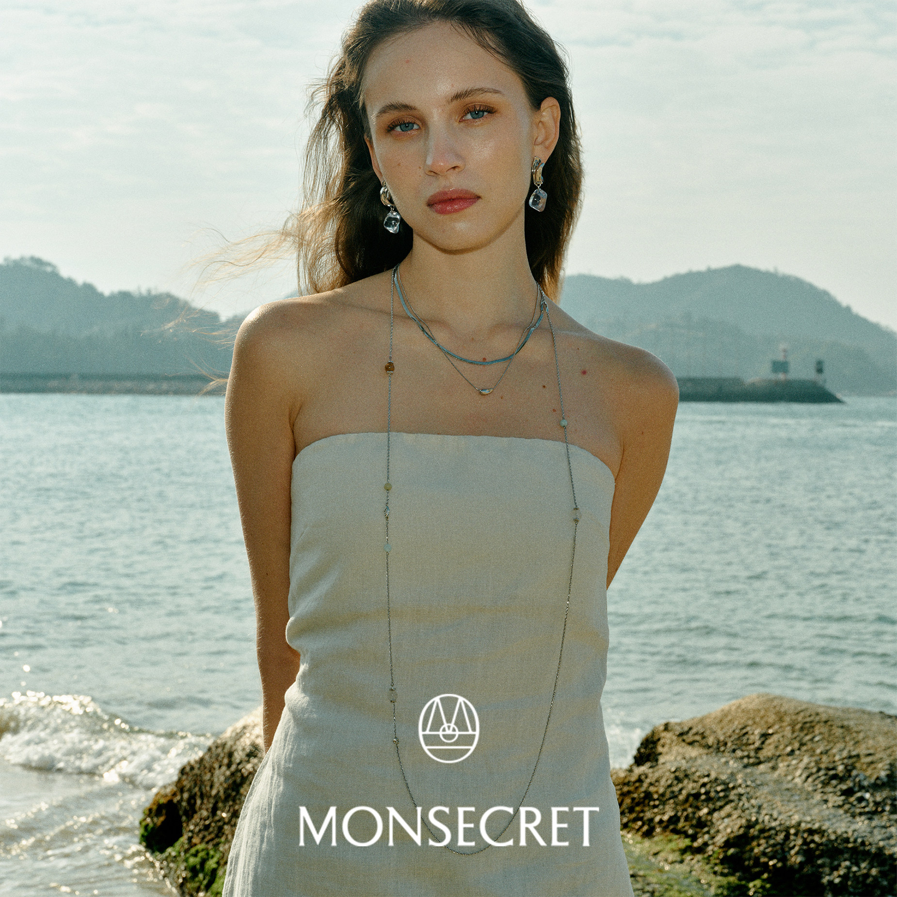 MONSECRET礁石长款项链高级感轻奢小众双层叠戴几何线条项链金色