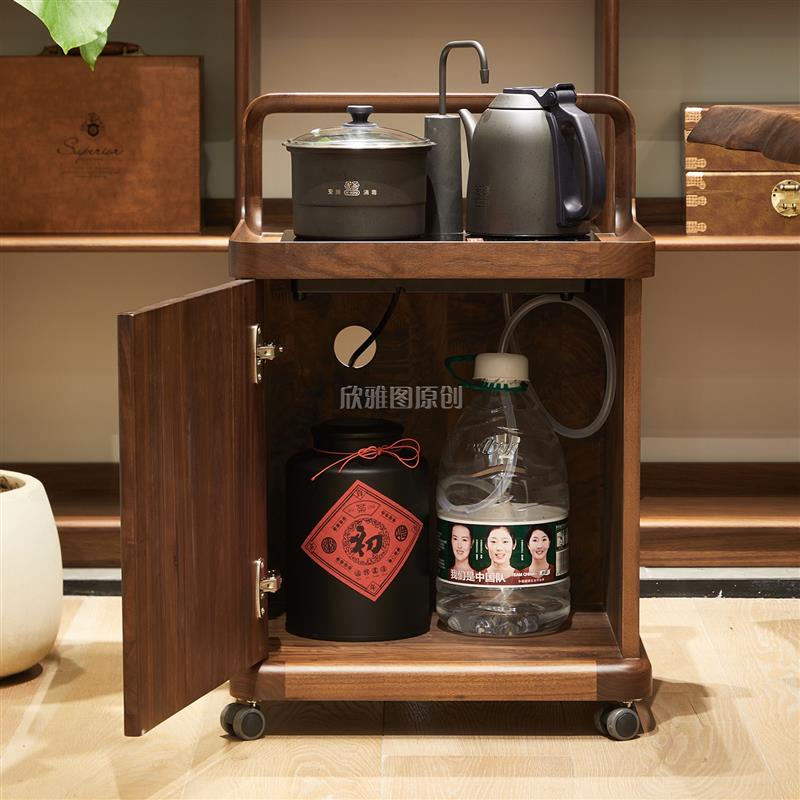 北美黑胡桃木可移动茶桌边柜小茶吧机一体柜中式实木烧水柜茶水柜