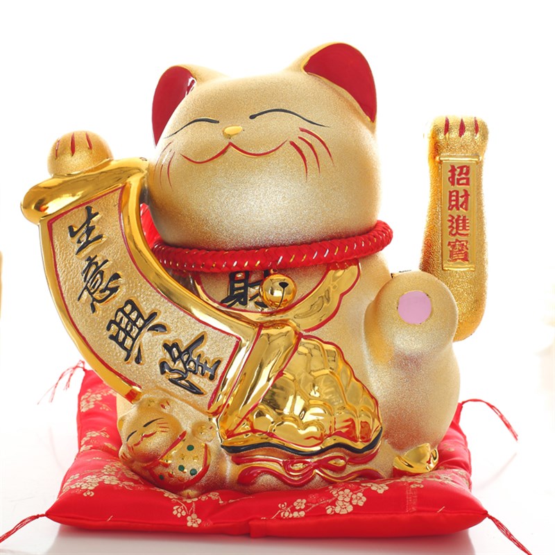 金色电动摇手招财猫开业特大号陶瓷前台家用装饰发财猫10寸-16寸