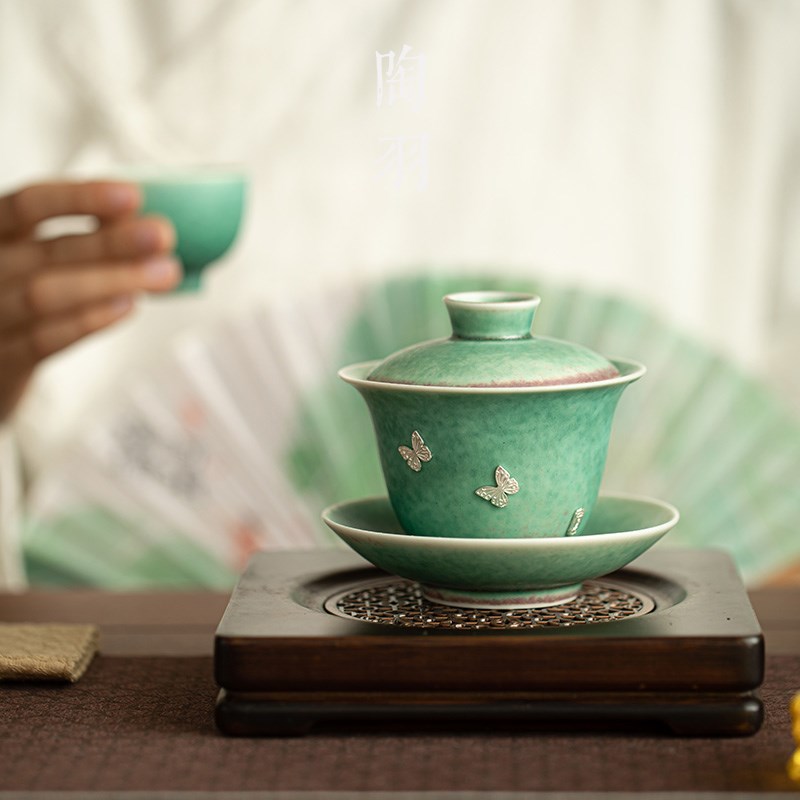 松柏青窑变釉锔银三才盖碗家用陶瓷泡茶碗大号中式功夫茶具泡茶器