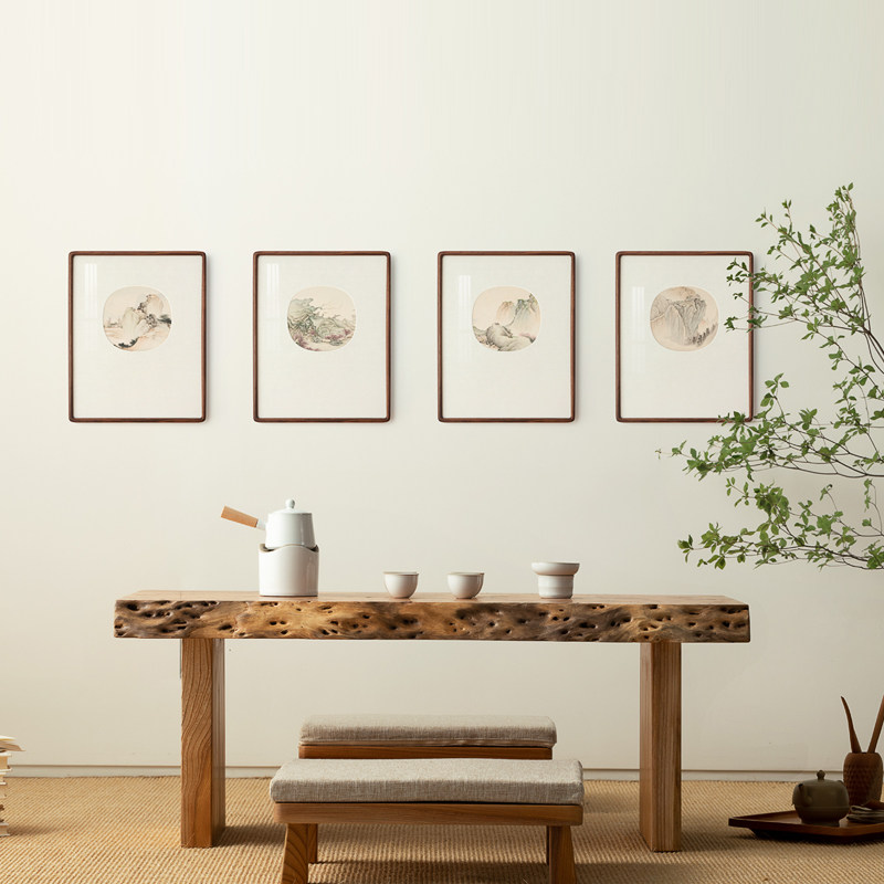 山水画 宋式美学 新中式团扇面餐厅客厅卧室茶室四联背景装饰画