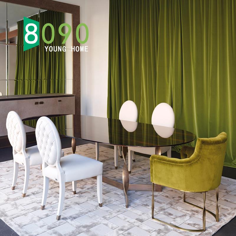 8090居品/设计师桌/样板间餐厅椭圆形木质玻璃大理石金属创意餐桌