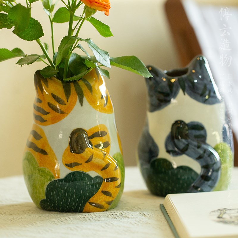 观瓷 猫形插花花器创意手绘陶瓷花瓶景德镇手工可爱猫咪摆件装饰
