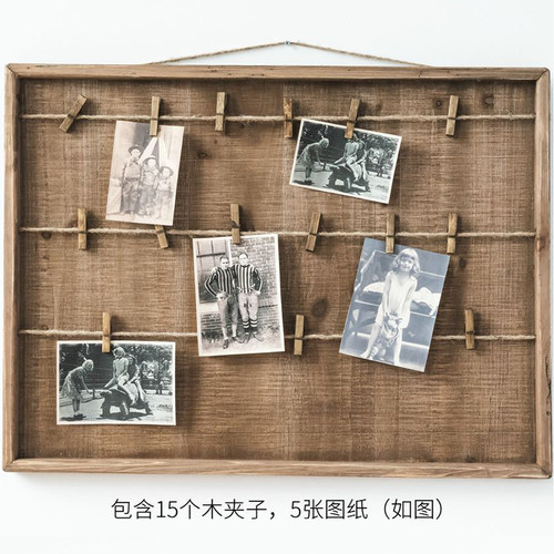 润家家居北欧民宿照片装饰板木质照片板实木板夹展示木板麻绳挂板