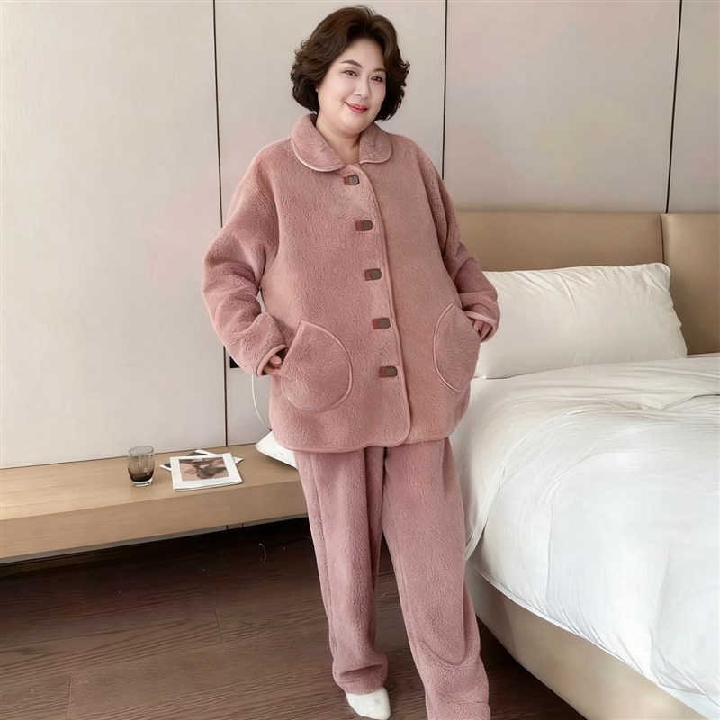 大码女装妈妈加肥加大睡衣200斤冬季加绒加厚珊瑚绒家居服中老年