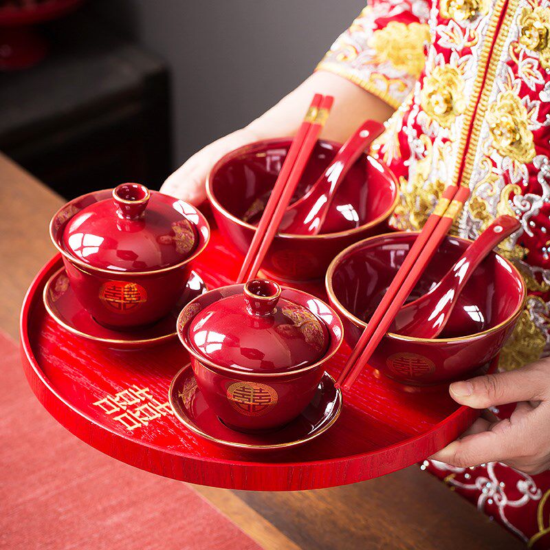 景德镇结婚改口敬茶杯新婚碗筷套装陶瓷红色喜碗杯一对陪嫁礼品婚