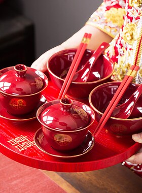 景德镇结婚改口敬茶杯新婚碗筷套装陶瓷红色喜碗杯一对陪嫁礼品婚