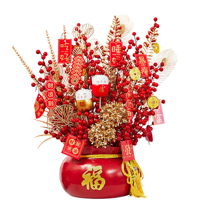 喜庆结婚过年乔迁装饰品创意抱抱福桶发财树客厅桌面摆件酒店布置