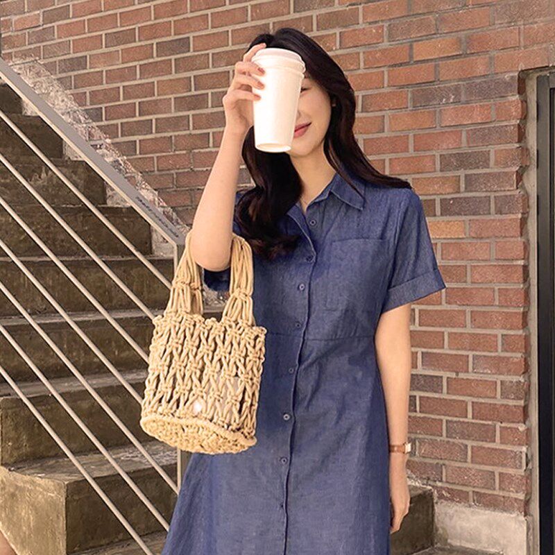 编织包法式复古草编包女海边度假沙滩小清新泰国森系手提水桶草包