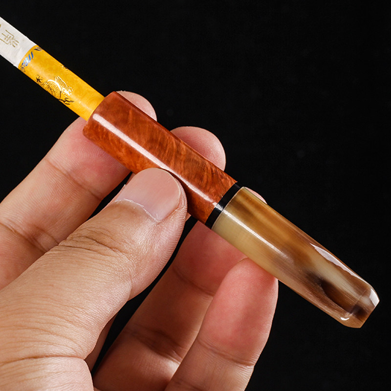 9mm活性炭滤芯循环过滤烟嘴石楠木+牦牛角烟嘴便携式粗细两用烟嘴