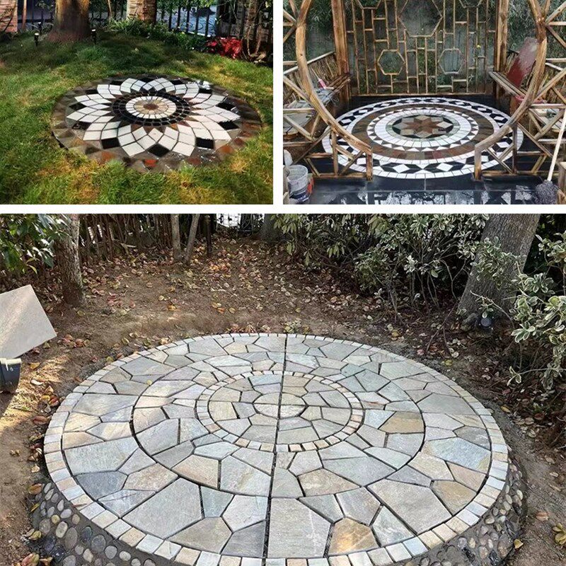 天然青石板防滑室外仿古地面砖文化石拼花圆盘庭院别墅花园风水盘