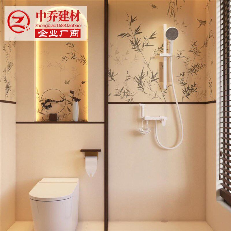 新中式古风花砖600x1200厨房卫生间墙砖背景墙山水画竹子荷叶瓷砖