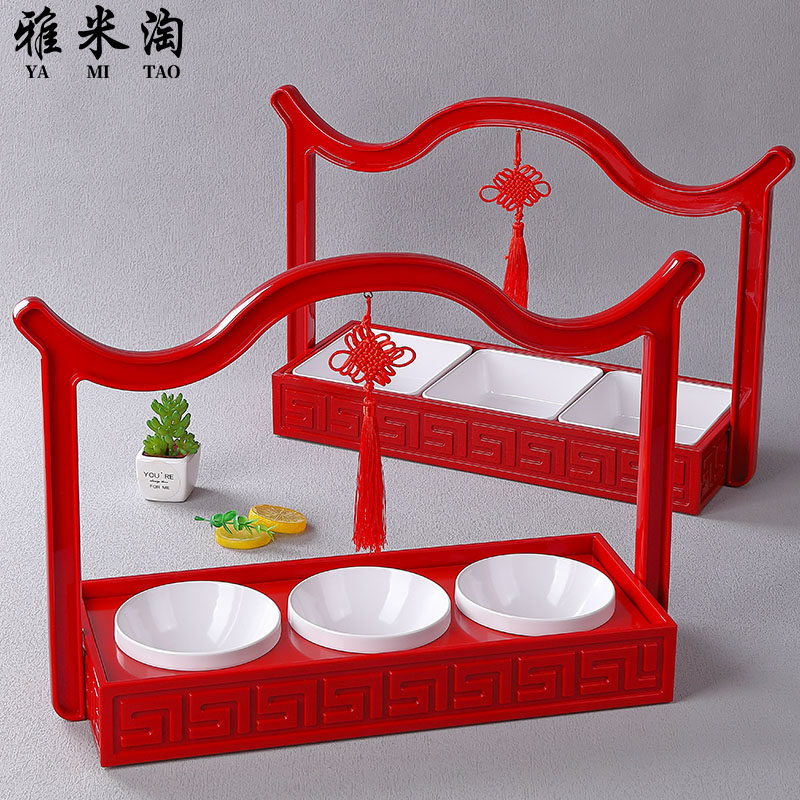 酒店创意境菜明档烤肉餐具红色仿古手提盒特色菜火锅店分格拼盘子