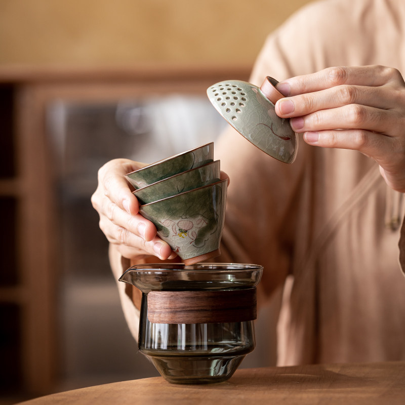 画续户外旅行功夫茶具套装手绘荷花便携式玻璃快客杯一壶二杯陶瓷