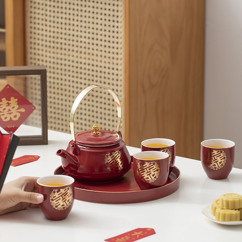 红色提梁泡茶壶茶具套装陶瓷金喜结婚敬茶杯喜杯新人婚庆用品礼物