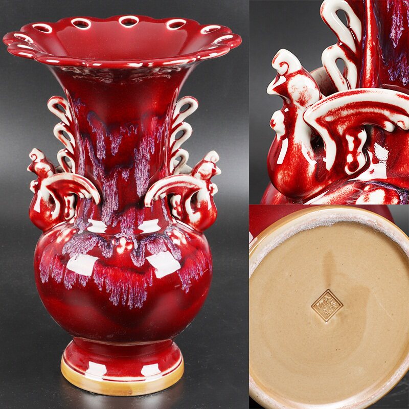 陶瓷器花瓶凤尊窑变红色钧瓷插花器家居客厅装饰品酒柜工艺品摆饰