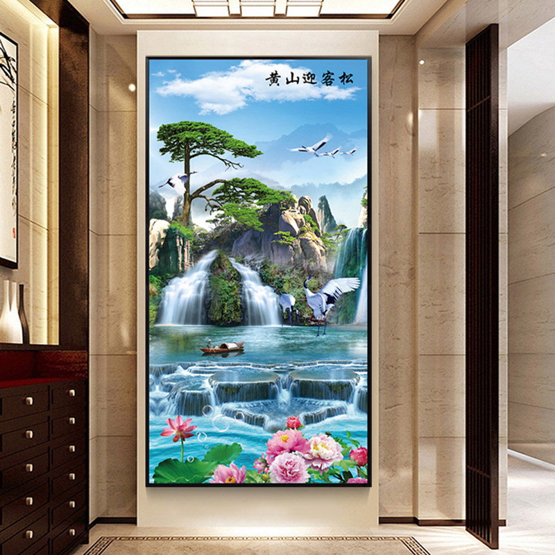 入户玄关装饰画单幅竖版走廊过道挂画流水生财山水风景画靠山壁画
