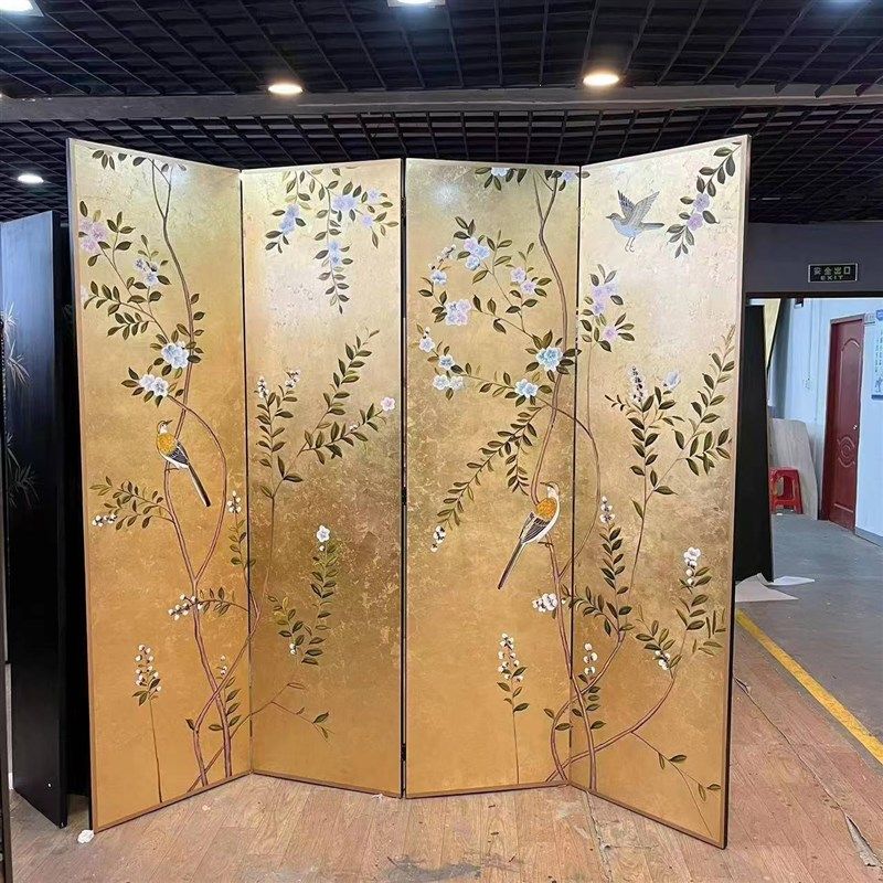 中式手绘漆画金箔花鸟折叠屏风隔断移动家居玄关客厅茶室装饰定制