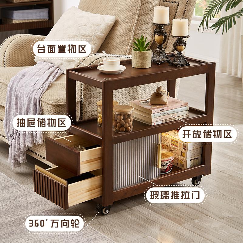 可移动沙发边几实木带轮茶几置物柜边桌茶桌窄侧边柜客厅储物推车