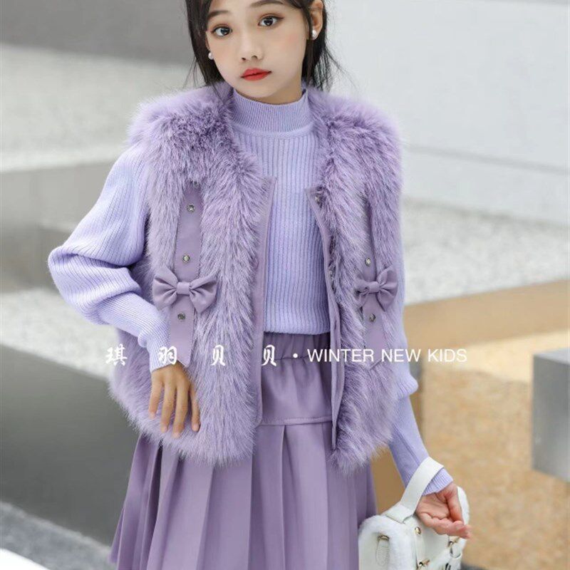 女童连衣裙冬装2024新款儿童洋气中大童皮草马甲加绒裙子三件套裙