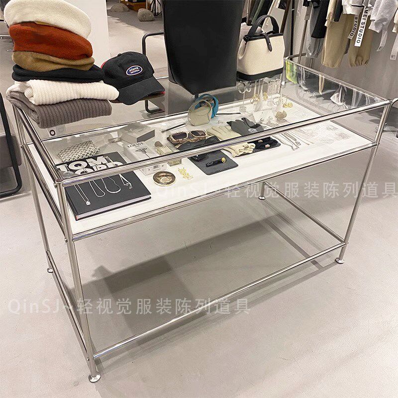 服装店饰品店中间摆放玻璃不锈钢展示台中岛陈列架电脑办公桌道具