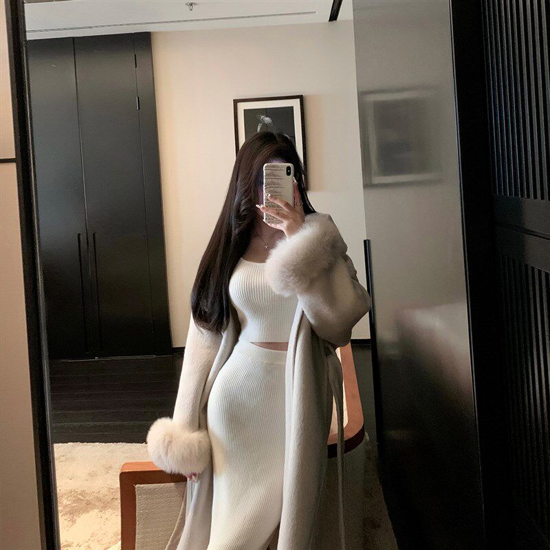 若语定制 清潭洞欧尼 时髦感加厚针织螺纹修身上衣开叉半裙套装女