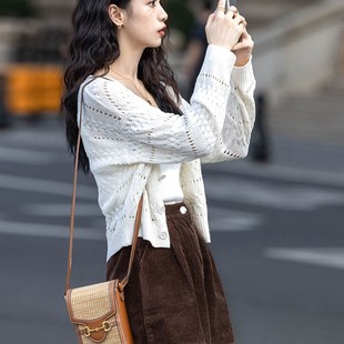 小清新简约镂空针织开衫 短款 长袖 白色上衣薄外套 外搭女2023春秋季