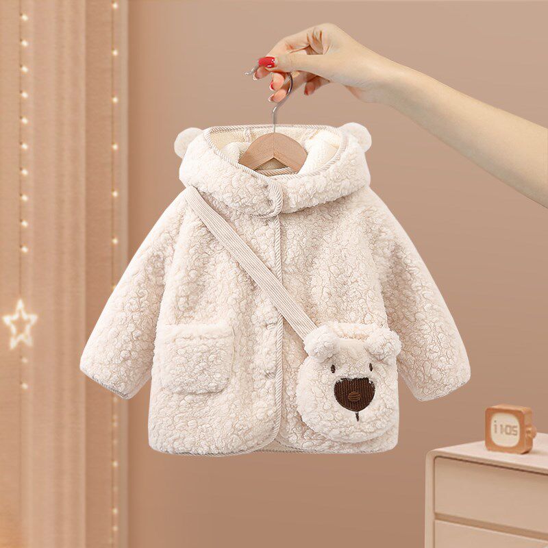 女童外套秋冬季2024新款儿童加绒冬装宝宝羊羔毛上衣连帽加厚棉服