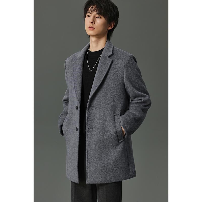 w2x2024冬季新款短款平驳领加棉加厚羊毛呢大衣男公务员妮子外套