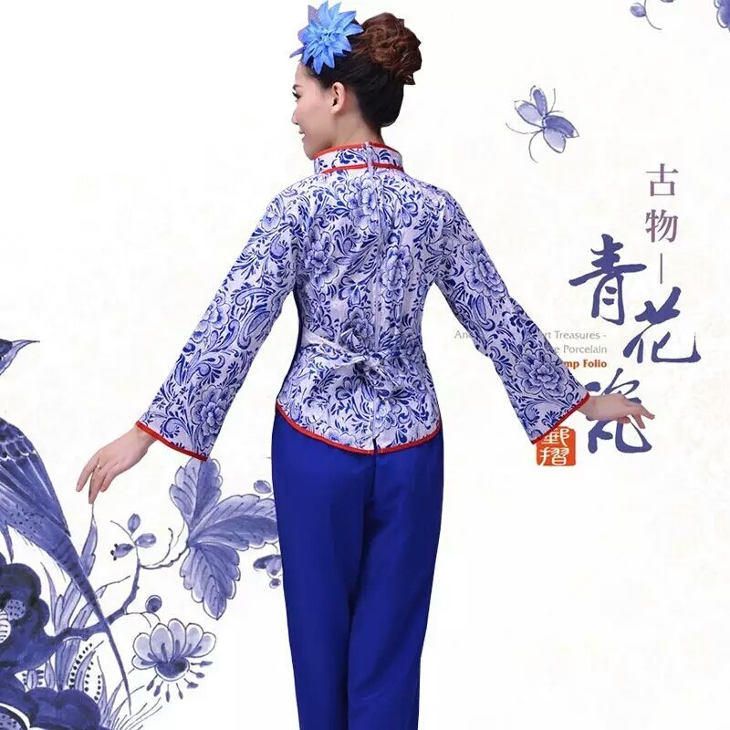 秧歌服2017新款斗笠青花瓷舞蹈服装阿庆嫂演出服采茶女村姑表演服