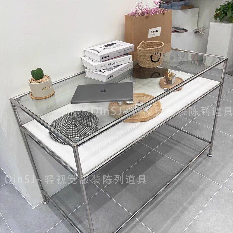 服装店饰品店中间摆放玻璃不锈钢展示台中岛陈列架电脑办公桌道具