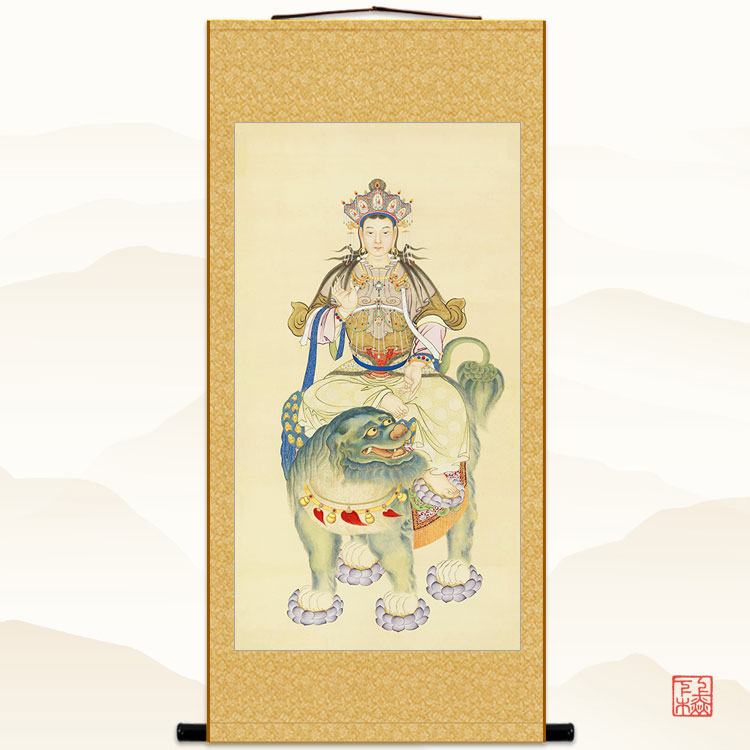 明清古画版 文殊菩萨佛画像 丁观鹏复古绢布卷轴挂画丝绸画装饰画