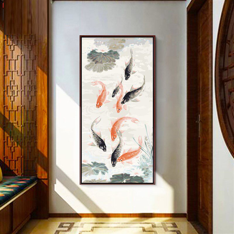 竖版大幅年年有余diy填色数字油画客厅玄关新中式装饰画九鱼聚财