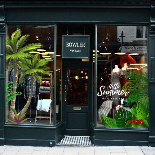 椰树玻璃贴膜热带海岛风景夏日商场酒店氛围布置夏天绿叶餐厅窗贴