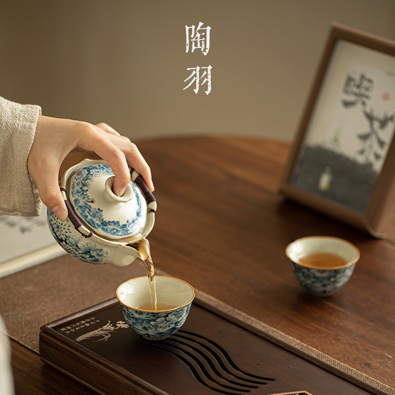 汝窑金万花手抓壶茶杯茶盘一壶二杯泡茶器单个家用防烫手茶具套装