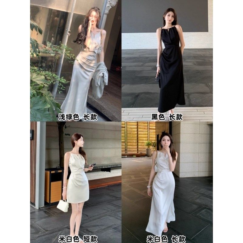 黑白色挂脖吊带连衣裙女夏绸缎面鱼尾高级感中长小礼服裙子夏季女
