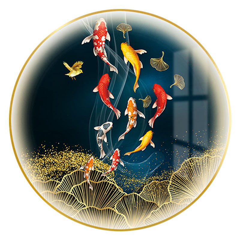 新中式九鱼图带灯玄关画圆形走廊装饰画过道挂画LED发光声控壁画