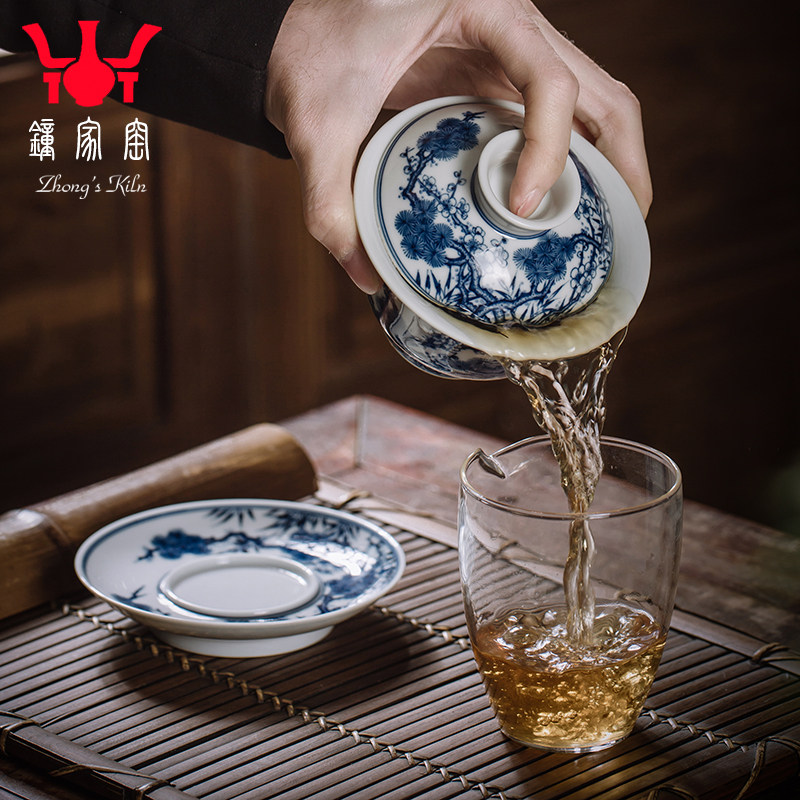钟家窑盖碗单个景德镇纯手工柴窑青花盖碗大号松竹梅泡茶碗三才杯