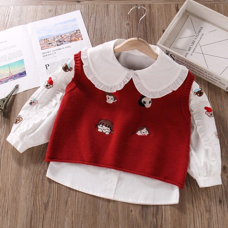 女童衬衫长袖白色春秋2024新款纯棉薄款衬衣叠穿小女孩娃娃领上衣