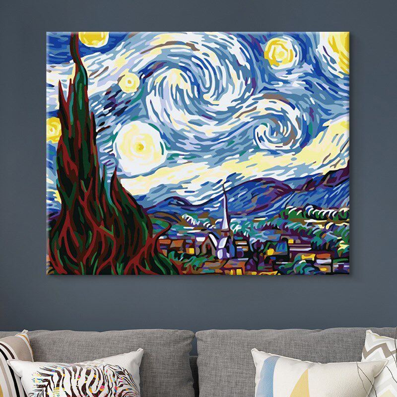 数字油画diy手绘填充手工填色梵高星空成人减压油彩画客厅装饰画