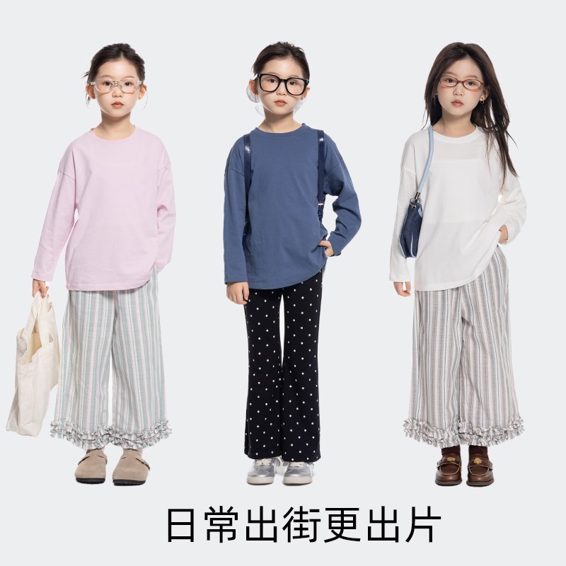 儿童纯棉长袖T恤2024秋季新款女童宽松圆领打底衫中大童休闲上衣