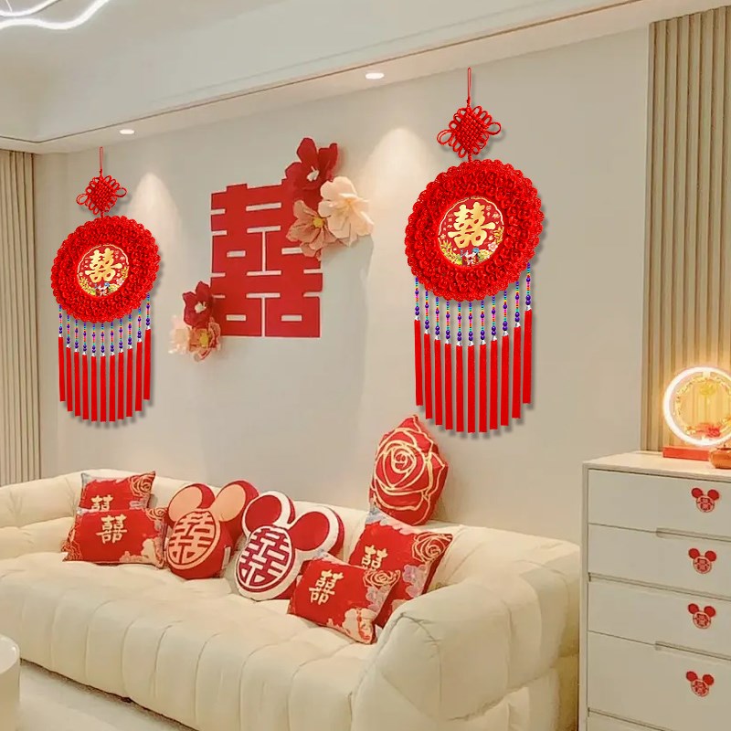 大号婚房囍字挂件 桃木结婚喜字装饰 高档中式婚礼中国结婚庆挂饰