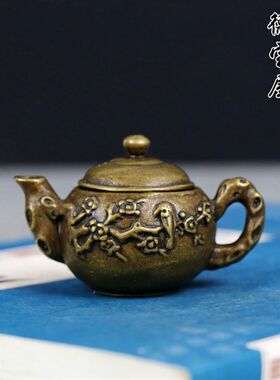 仿古铜器迷你小铜壶喜上眉梢纯铜茶壶水滴旺财运文玩把把壶手把件
