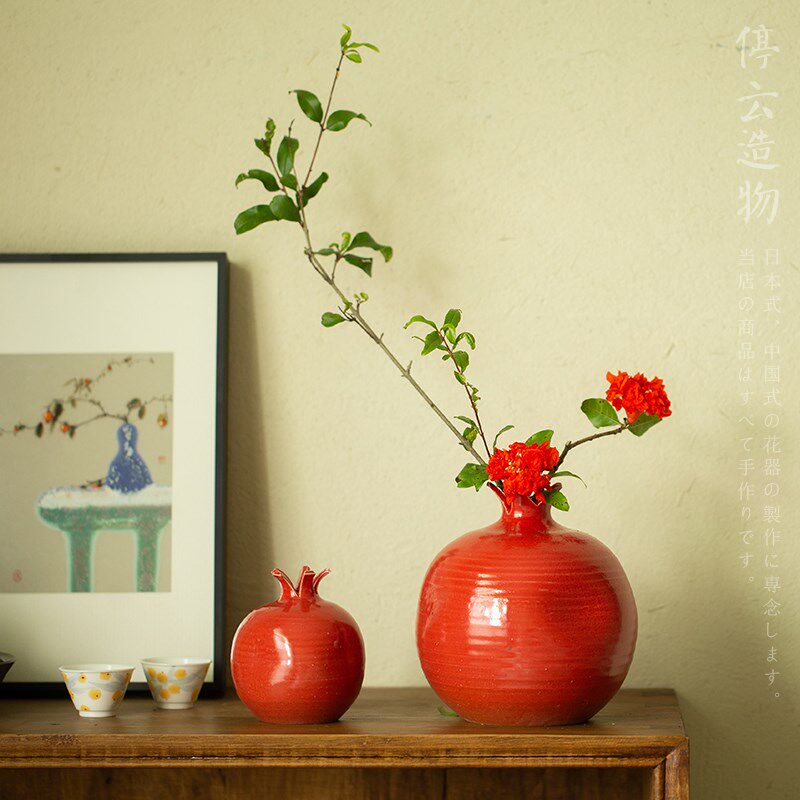 大红色石榴陶瓷花瓶中式摆件客厅茶室插花花器喜庆装饰景德镇手工