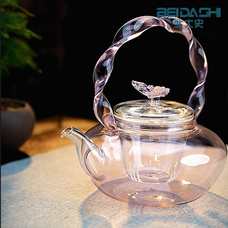 北大史粉色玻璃煮茶壶高硼硅耐热花茶壶家用女生电陶炉专用提梁壶